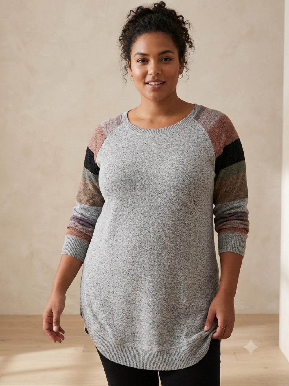 Maurices Heathered Gray Crewneck Sweater with Multicolor Stripe Sleeves